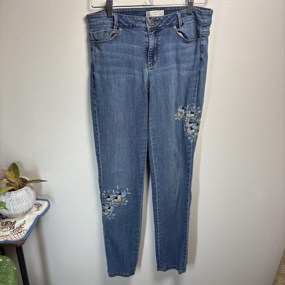 J Jill Women 6 Blue Jeans Weekender Straight Leg Floral Embroidered Cotton Blend